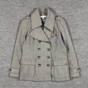 Taupe Wool Blend Double Breasted Short Pea Coat Womens L Tailored Winter Jacket